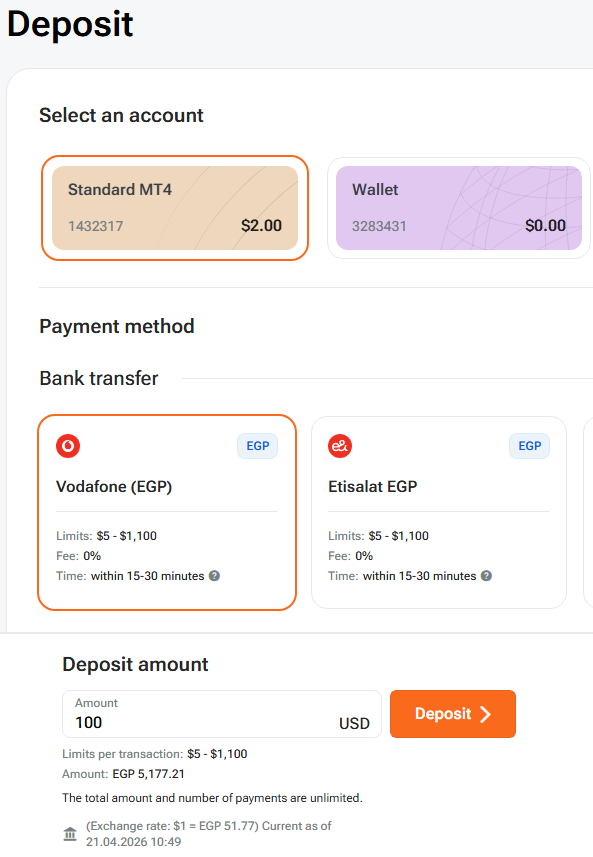 depositing using Vodafone